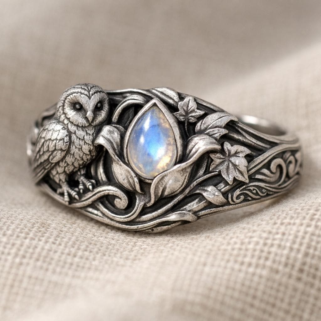 Sterling Silver Owl Moonstone Ring &bull; Woodland Nature Statement Jewelry