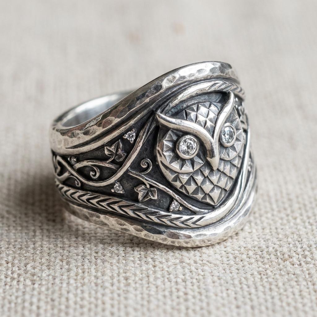Sterling Silver Owl Ring, Wide Band Woodland Statement Ring, Oxidized Animal Jewelry, 925 Boho Bird 