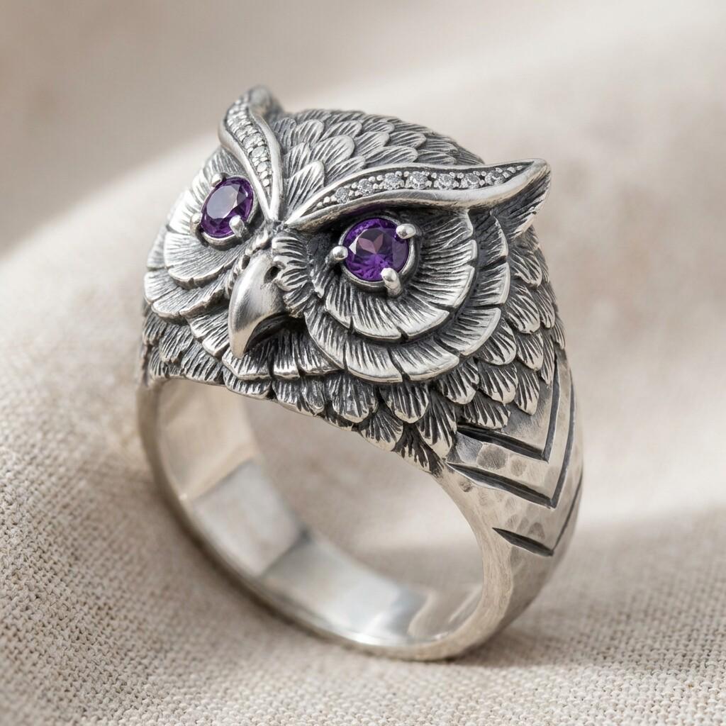 Sterling Silver Owl Ring with Amethyst Purple Eyes, 3D Owl Head Statement Ring, Wise Owl Jewelry for