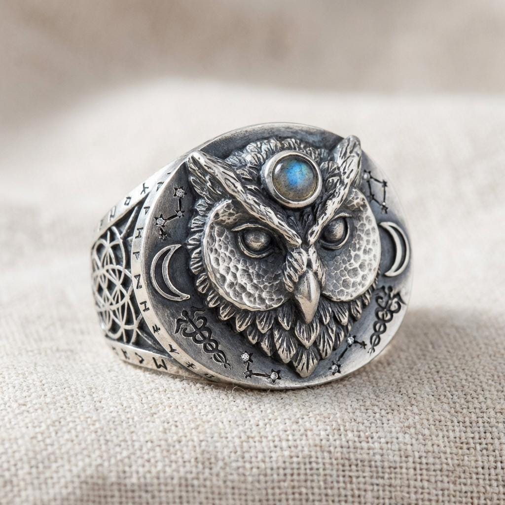 Sterling Silver Owl Ring, Moon Phase Witchy Ring, Celestial Rune Statement Ring, Mystical Unisex Jew