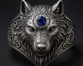Anello lupo in argento sterling, pietra preziosa zaffiro, gioielli pagani vichinghi