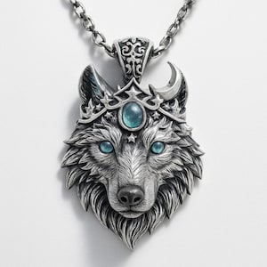 Sterling Silver Wolf Necklace • Crescent Moon, Icy Blue Crystal Eyes