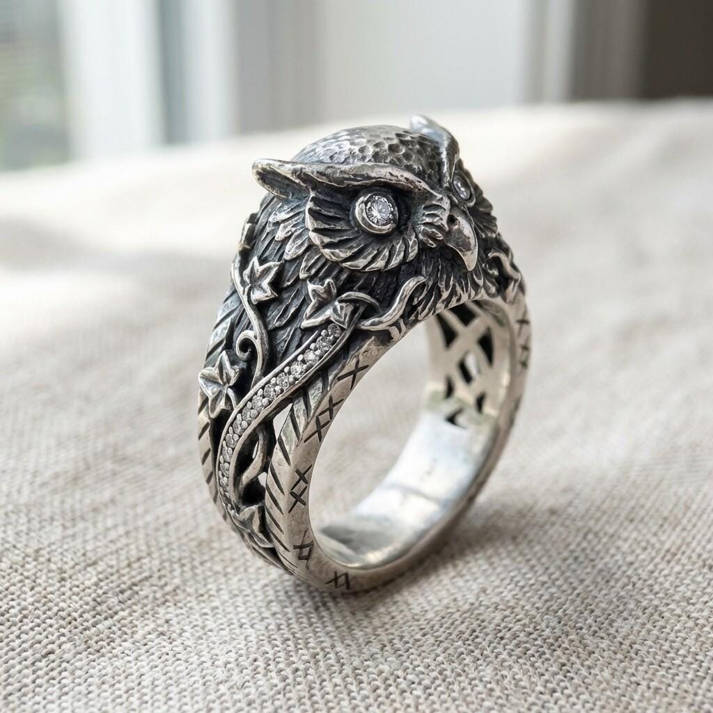 Sterling Silver Owl Ring, Viking Nature Ring, Wise Owl Statement Band, Nordic Forest Jewelry for Men