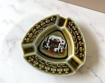 Vintage Irish Porcelain Ashtray | Shamrock & Cottage Hearth Scene | Made in Ireland | Green Ceramic | Celtic Decor | 1960s 1970s