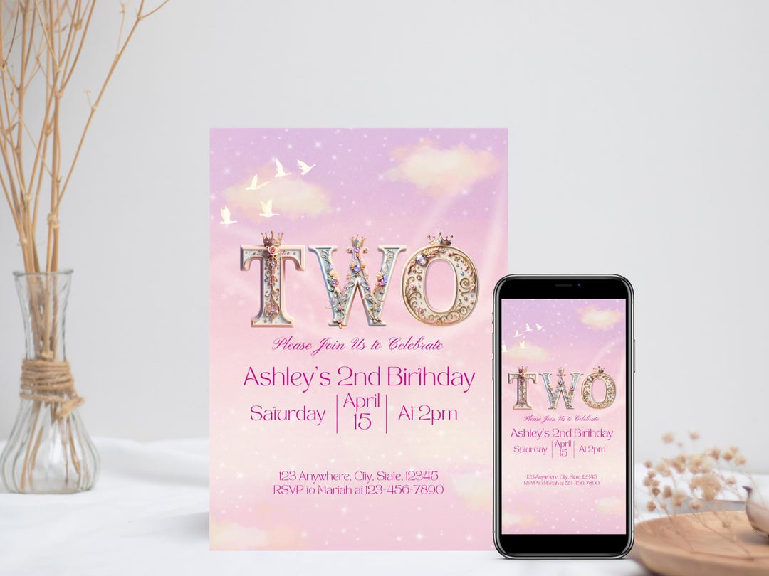 Editable Second Birthday Invitation Template, Pink Mystical Princess ...