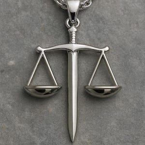 May include: Silver-toned pendant necklace featuring a scale design, symbolizing justice. The pendant has a sword-like central element with two balanced scales on either side. The necklace is on a silver chain.