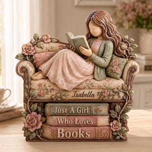 Bloc de bois plat personnalisé Just A Girl Who Loves Books 2D, cadeau pour amateur de livres, cadeau lectrice, cadeau déco d'étagère pour elle, décoration de bibliothèque