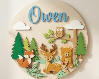 Custom Woodland Baby Name Sign, Forest Animal Nursery Decor, Personalized Name Plate, Fox Owl Badger Nursery Theme,Newborn Announcement Sign