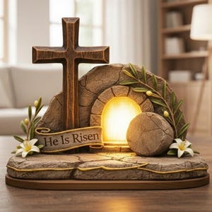 May include: A decorative Easter scene featuring a wooden cross, a stone tomb with a glowing interior, and a stone that has been rolled away. The base includes the text "He Is Risen". Decorative sprigs and flowers are also included.