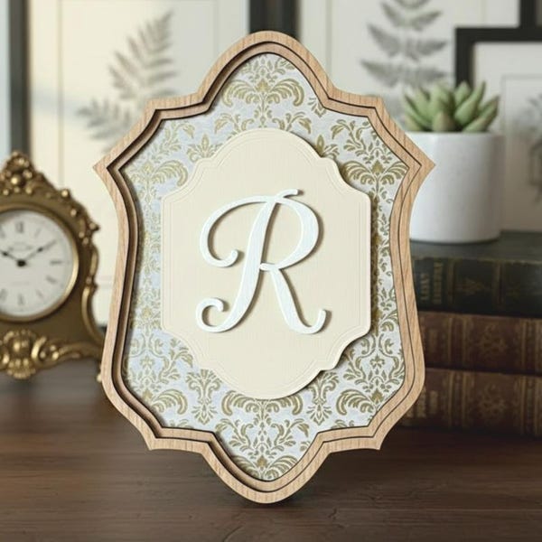 Personalized Initial Letter Sign - Custom Monogram Shelf Decor - Vintage Style Wood Crest for Nursery & Kids Room - Unique Baby Shower Gift