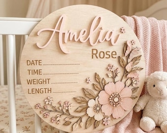 Personalized Floral Birth Stats Sign, Wooden Baby Birth Announcement Plaque, Baby Girl Nursery Decor, Flower Name Keepsake, Baby Shower Gift
