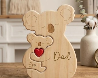 Puzzle de famille de koalas en bois personnalisé, statue de câlin de koala avec nom personnalisé, premier cadeau de fête des pères de la part d'un fils, cadeau de nouveau papa, décoration en bois pour chambre de bébé