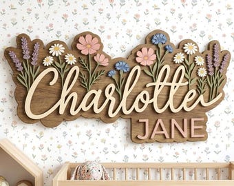 Aangepaste naam wilde bloem meisje kinderkamer decor, houten naambord bloem, kunst aan de muur kinderkamer, babyshower cadeau, gepersonaliseerd naambord houtuitsparing