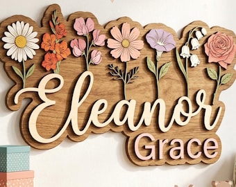 Personalized Wildflower Name Sign for Nursery, 3D Wooden Name Sign for Girl Room Decor, Custom Baby Name Sign, Flower Nursery Wall Art