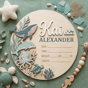 Personalisierte Ocean Geburtsankündigung Zeichen, Benutzerdefinierte Nautische Baby Namen Zeichen, Hölzern Neugeborenen Fußabdruck Brett Kinderzimmer Dekor, Babypartygeschenk