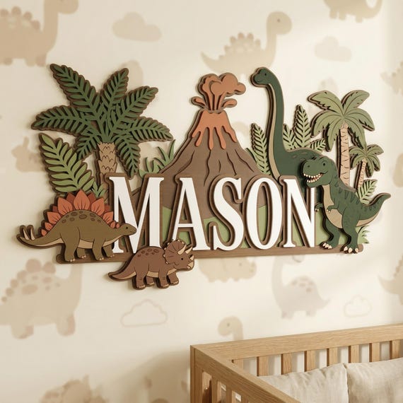 Personalized Dinosaur Name Sign, Custom 3D Wood Dino Nursery Decor, T-Rex Volcano Boy Room Wall Art,Stegosaurus Triceratops Baby Shower Gift