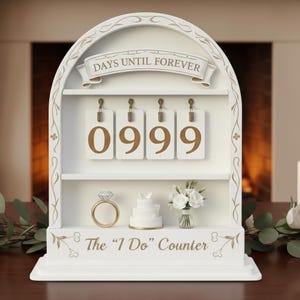 May include: A white wooden wedding countdown calendar with the text "DAYS UNTIL FOREVER" and "The 'I Do' Counter". It features hanging number cards displaying "0999", a ring, a cake, and flowers.
