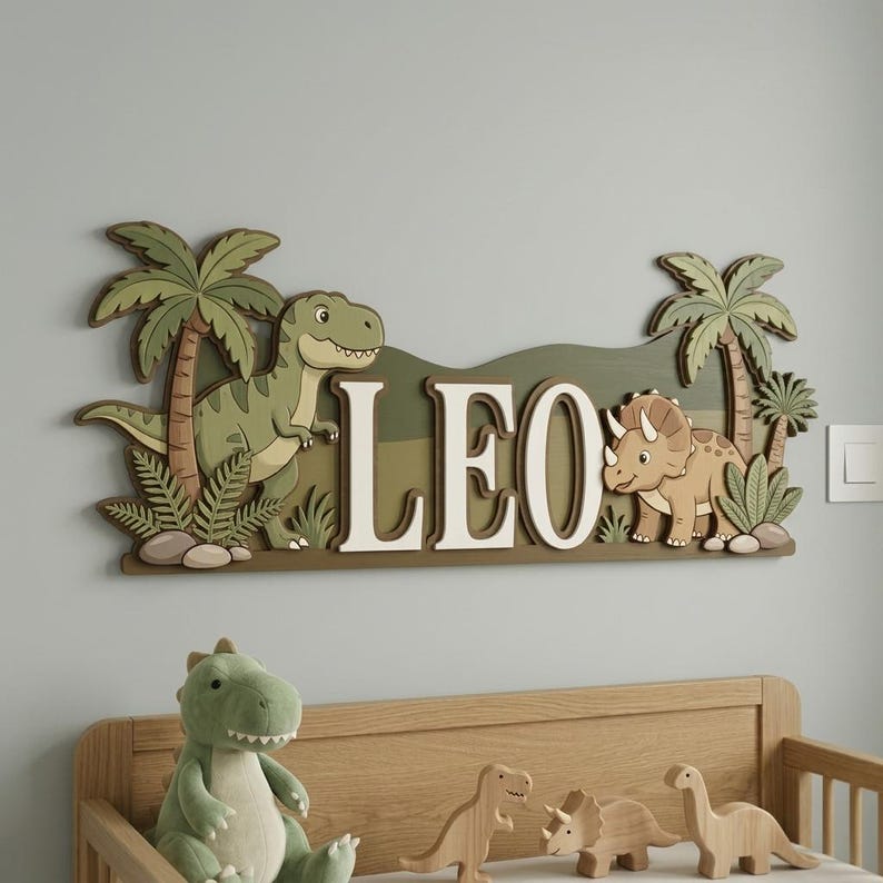 May include: A wooden wall decoration featuring the name "LEO" in white letters, with a green and brown dinosaur theme. Includes a T-Rex, a Triceratops, palm trees, and foliage. Perfect for a child's bedroom.