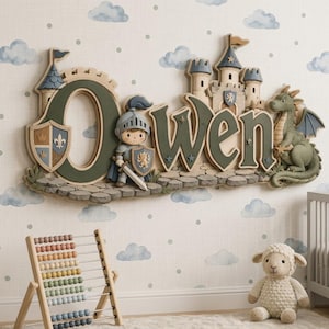 May include: A wall-mounted wooden sign featuring the name Owen in large, dark green letters. The design includes a knight figure holding a sword and shield, a stone castle with towers, and a green dragon. The letters are set on a stone path base.