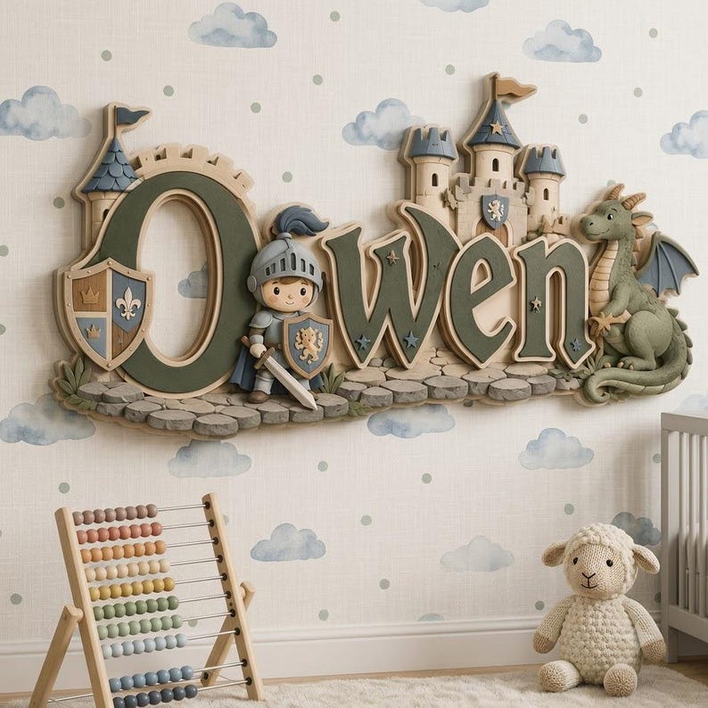 May include: A wall-mounted wooden sign featuring the name Owen in large, dark green letters. The design includes a knight figure holding a sword and shield, a stone castle with towers, and a green dragon. The letters are set on a stone path base.