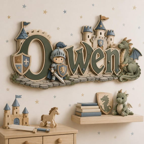 Personalized Dragon Nursery Wall Decor, Wooden Baby Name Sign, Knight Castle Bedroom Art, Custom Kids Room Decoration, Layered Wood Gift