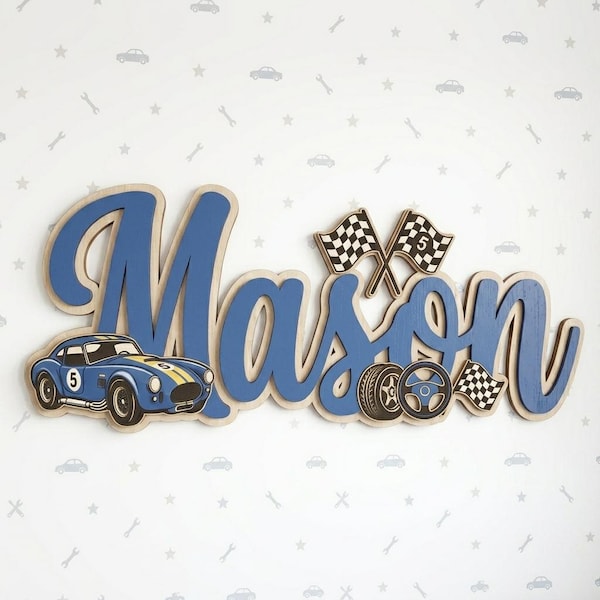 Personalized Name Sign Wood, Custom Boy Name Cutout, Baby Shower Gift Boy, Race Car Nursery Theme, Checkered Flag Decor, Boy Room Wall Art