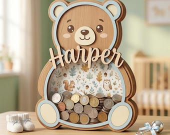 Hucha personalizada con forma de oso, hucha de madera para niños, caja de dinero con nombre personalizado, decoración para guardería, hucha infantil, regalo para niñas y niños.