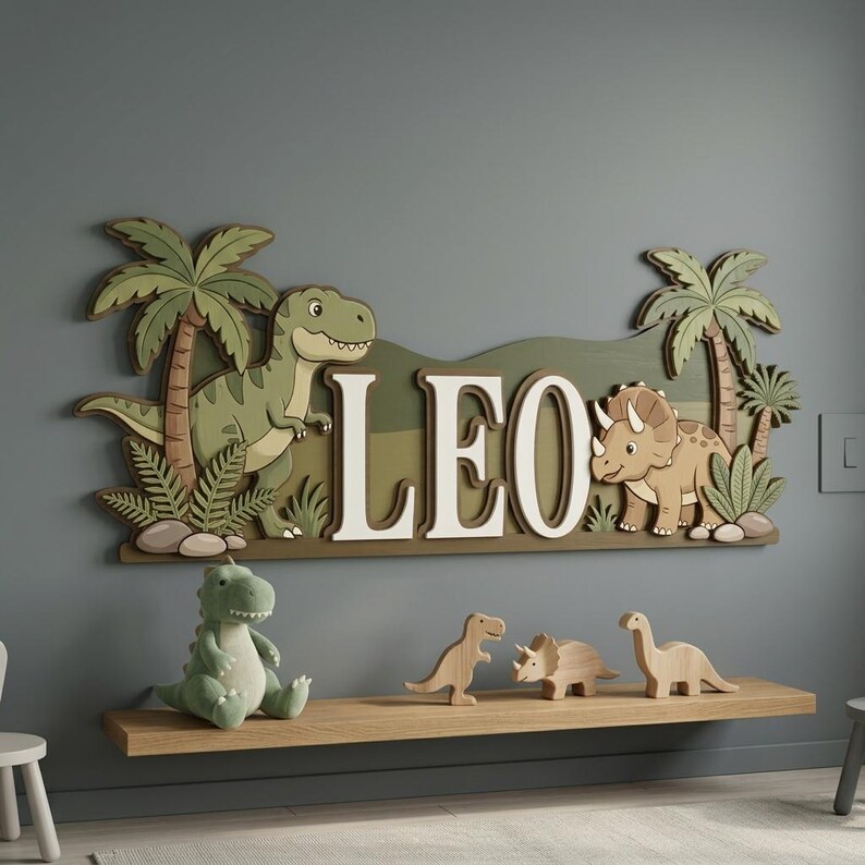 May include: A wooden wall decoration featuring the name "LEO" in white letters, with a green and brown dinosaur theme. The design includes a Tyrannosaurus Rex, a Triceratops, palm trees, and a shelf with dinosaur toys.