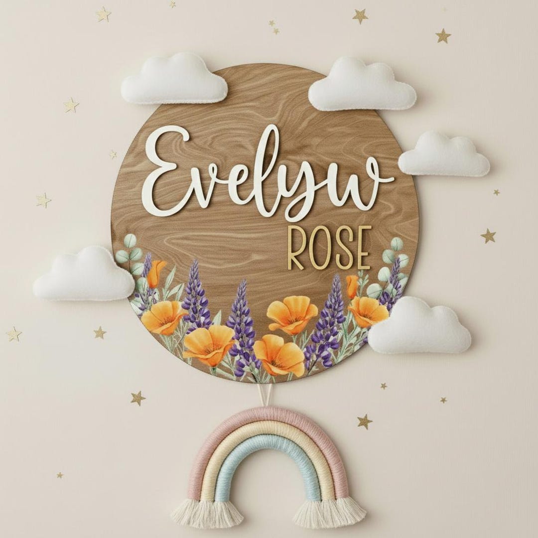 Personalized Wildflower Name Sign | 3D Floral Wooden Sign for Nursery ...