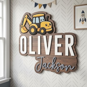 Custom Construction Name Sign for Boy Nursery, Kids Bedroom Wall Decor, Personalized Excavator Wood Sign, Baby Shower Gift, Oliver Jackson