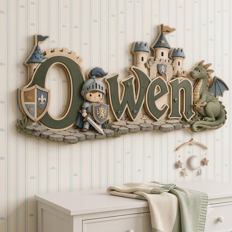 May include: A wall-mounted name sign spelling Owen in dark green letters, featuring a stone castle, a knight in silver armor holding a sword and shield, and a green dragon. The design includes a shield with a fleur-de-lis and a stone path base.
