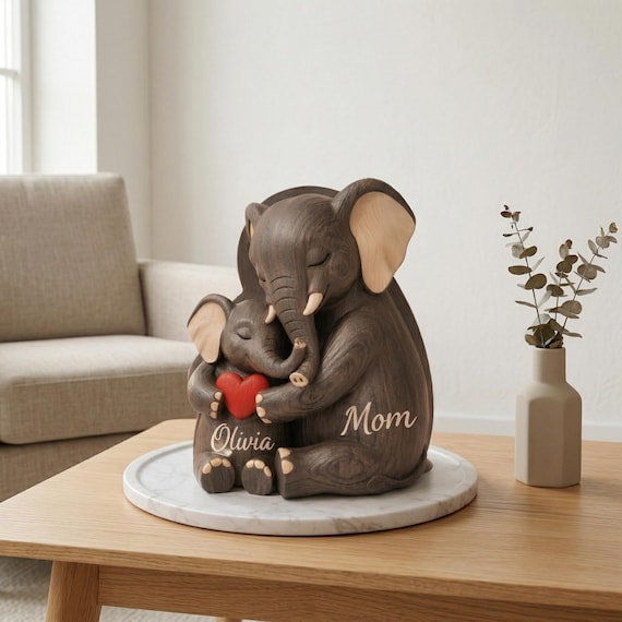 Personalized Elephant Mom & Baby Wooden Figurine – Mother’s Day Gift from Daughter Son, Custom Name Elephant Statue, Handcrafted Wood Decor
