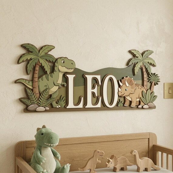 Personalized Dinosaur Name Sign, Custom 3D Wood Dino Nursery Decor, T-Rex Volcano Boy Room Wall Art,Stegosaurus Triceratops Baby Shower Gift