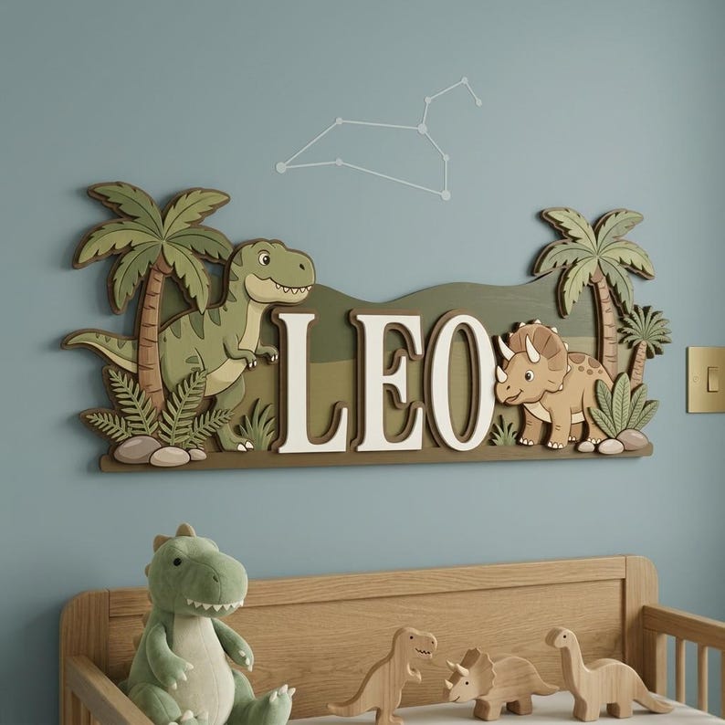 May include: A wooden wall decoration featuring the name "LEO" in white letters, with a dinosaur theme. The design includes a green Tyrannosaurus Rex, a Triceratops, palm trees, and a landscape backdrop. A stuffed dinosaur and wooden toy dinosaurs are visible below.