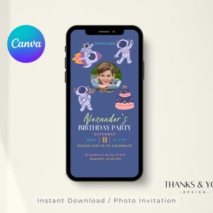 Alien Birthday Mobile Invitation Canva Editable Outer Space Party Invite Boy Kids Galaxy UFO Phone Invite Photo