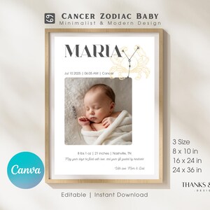 Cancer Baby Name Sign Printable Custom Zodiac Nursery Wall Art Editable Canva Birth Poster Astrology Baby Gift Newborn