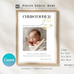Pisces Baby Name Sign Printable Custom Zodiac Nursery Wall Art Editable Canva Birth Poster Astrology Baby Gift Newborn