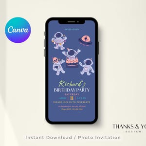 Alien Birthday Mobile Invitation Canva Editable Outer Space Party Invite Boy Kids Galaxy UFO Phone Invite Digital