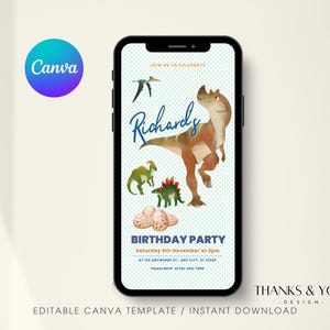 Dinosaur Birthday Mobile Invitation, Canva Template, Watercolor Dino Phone Invite, Kids Dinosaur Party Text Invitation for Boys