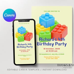 Puede incluir: Un teléfono inteligente y una tarjeta de invitación muestran un tema de fiesta de cumpleaños. El diseño presenta bloques de juguete coloridos en azul, amarillo, verde y rojo. El texto dice "Richard's 4th Birthday Party" con fecha, hora y lugar.