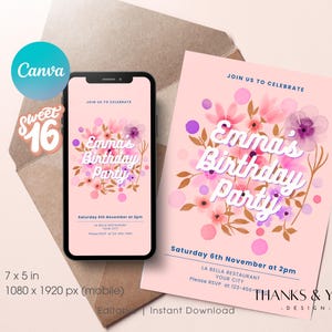 以下が含まれることがあります： 「Emma's Birthday Party」のテキストが入ったピンク色の誕生日パーティーの招待状とスマートフォンのディスプレイ。招待状には花のグラフィックと「Join us to celebrate」のテキストが使用されています。スマートフォンの画面には同じデザインが表示されています。