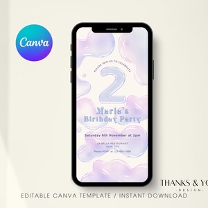 Mobiele uitnodiging voor een tweede verjaardag met bubbels, Canva-sjabloon, iriserende telefoonuitnodiging met bubbels, pastelkleurige verjaardag met bubbels, digitale uitnodiging voor een kinderfeestje met bubbels