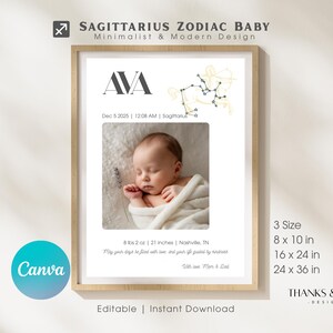 Sagittarius Baby Name Sign Printable Custom Zodiac Nursery Wall Art Editable Canva Birth Poster Astrology Baby Gift Newborn