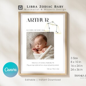 Libra Baby Name Sign Printable Custom Zodiac Nursery Wall Art Editable Canva Birth Poster Astrology Baby Gift Newborn