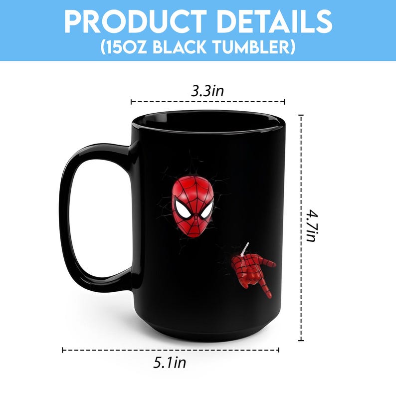 Puede incluir: Taza negra de 15 oz con un dise&ntilde;o de Spider-Man. La taza tiene un gr&aacute;fico de m&aacute;scara y mano de Spider-Man rojo y blanco. La taza mide 13 cm de ancho, 8,4 cm de di&aacute;metro y 12 cm de alto.