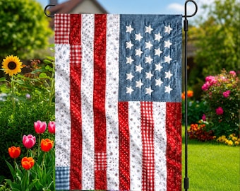 4Th Of July Flag, Retro American Flag, Faux Patchwork USA Flag, Patriotic Flag, Fourth Of July Decor