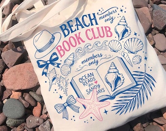 Bolso de playa para libros – Bolso de lona con estampado costero para amantes de la lectura, bolso playero para lectores con estilo, bolso con estética literaria para chicas lectoras