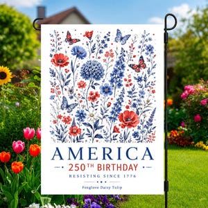 Patriotic USA Garden Flag, Anti Trump House Banner, America 250th Birthday, Subtle F Trump, Semiquincentennial, Foxglove Daisy Tulip