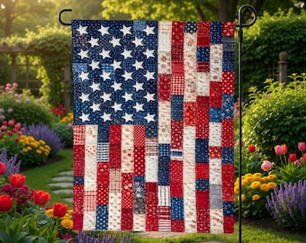 Vintage Patchwork American Flag, Rustic Americana Yard Sign, Primitive Patriotic Banner, Cottage Garden 4Th Of July Decor