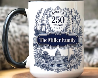 Taza personalizada America 250, taza de café personalizada Toile De Jouy, regalo patriótico 1776-2026, regalo único para papá.